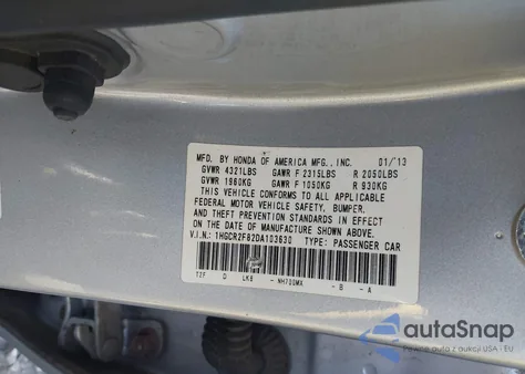 2013 Honda Accord Sdn Ex-L from USA, damaged, VIN 1HGCR2F82DA103630
